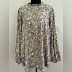 LuLaRoe L “Clara” Neck Grey Floral Blouse with Colorful Accents 063